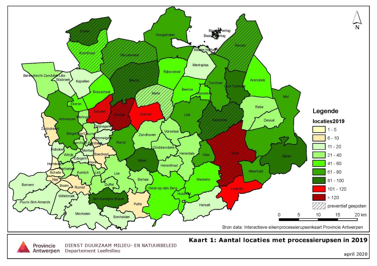 Kaart locaties eikenprocessierupsen
