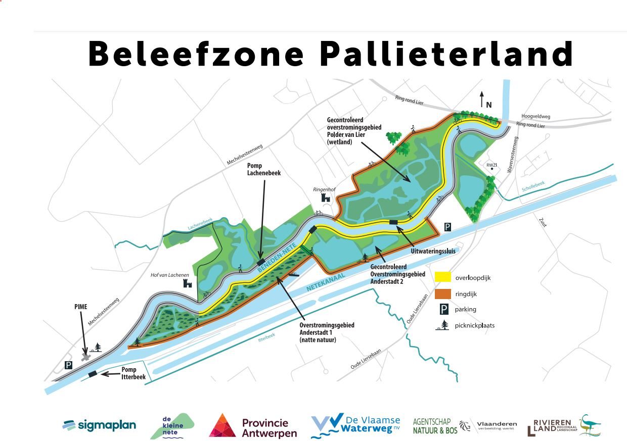 Kaart met overzicht van Pallieterland. Bovenaar rechts staat de stad Lier. De kaart toont het gebied vlak langs de Kleine Nete. We zien de locaties van onder meer het pompstation van de Lachenebeek en het wetland van Polder van Lier.