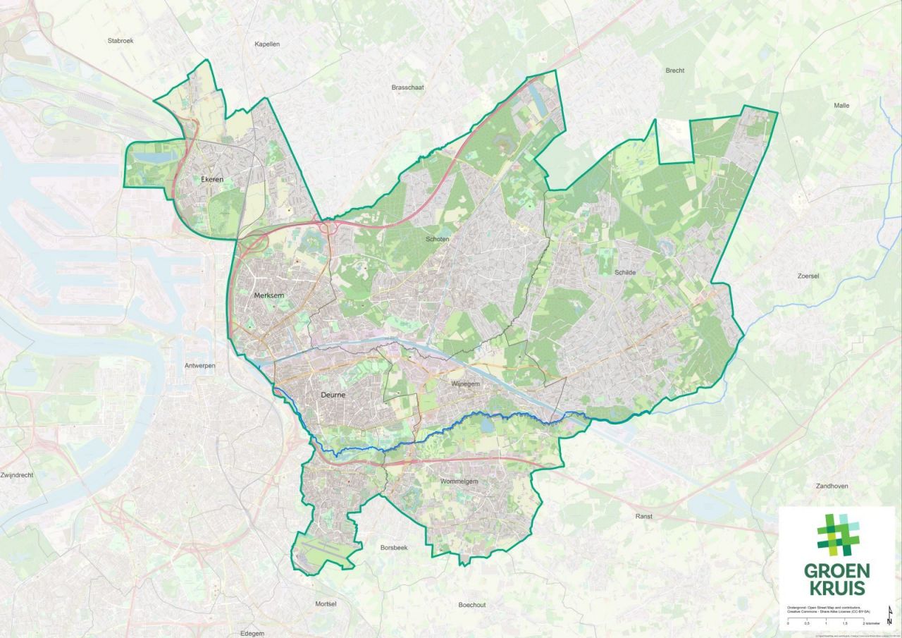 Landkaart met daarop de contour van het werkingsgebied Groen Kruis.