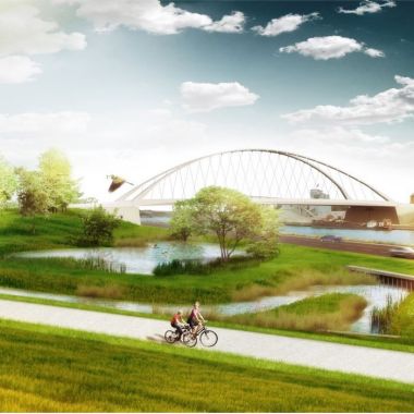 Ontwerpschets die een impressie geeft van het landschap rond de nieuwe Hoogmolenbrug. Vooraan de oever van Schoten, met een begroeiing van gras en bomen tussen enkele waterpartijen. Op een fietspad rijden drie fietsers. Konijnen dartelen rond, een roofvogel is zichtbaar in de lucht. In de verte gaat de Hoogmolenbrug over het Albertkanaal.