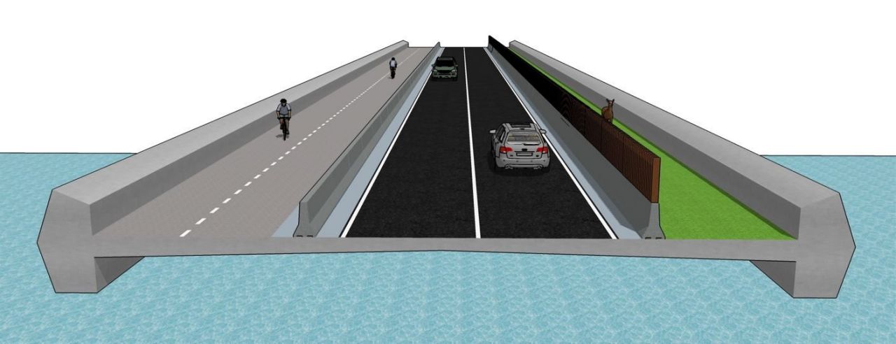 Dwarsdoorsnede ontwerpschets van de Hoogboombrug. Links de fubbele fietsstrook, centraal de rijweg voor autoverkeer, rechts de ecostrook met gras en begroeiing.
