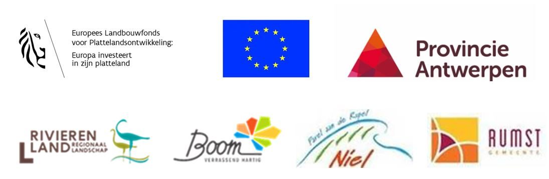 Logo's van betrokken partners: Europees Landbouwfonds voor Plattelandsontwikkeling, provincie Antwerpen, Regionaal Landschap Rivierenland, lokaal bestuur Boom,  gemeente Niel, gemeente Rumst