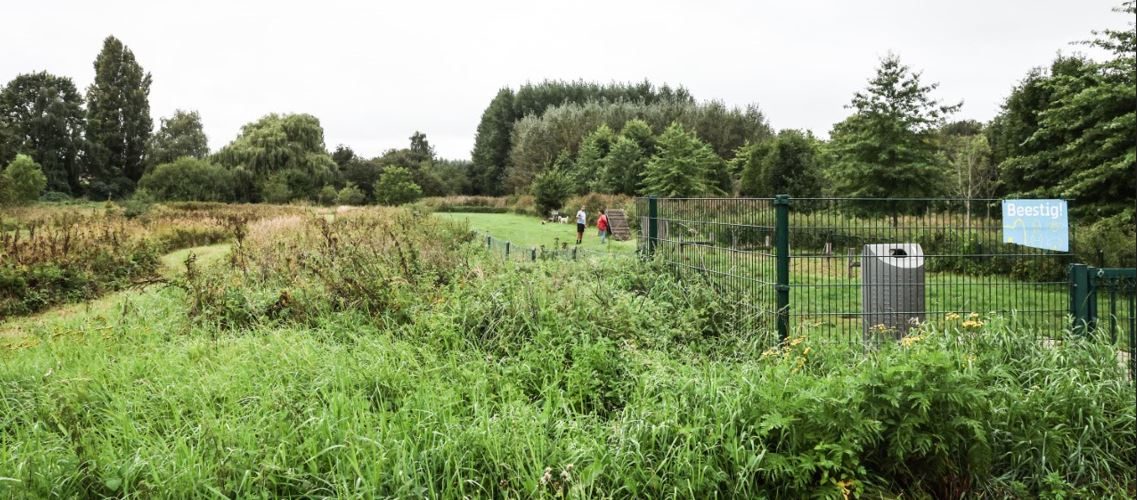 Een omheining en een hek sluiten een gemaaid stuk gras af. In de verte staan twee mensen en loopt een tweetal honden. Rondom het omheinde grasveld is het groen begroeid en staan meerdere bomen. 