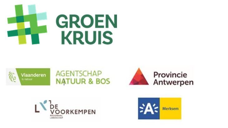 Logo's van Groen Kruis, Vlaams Agentschap Natuur & Bos, Provincie Antwerpen, Regionaal Landschap de Voorkempen, district Merksem.