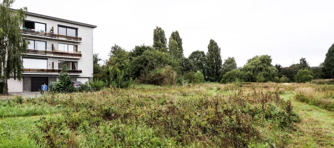 Een apartementsgebouw van vier verdiepingen staat naast een terrein begroeid met wilde planten en bomen.