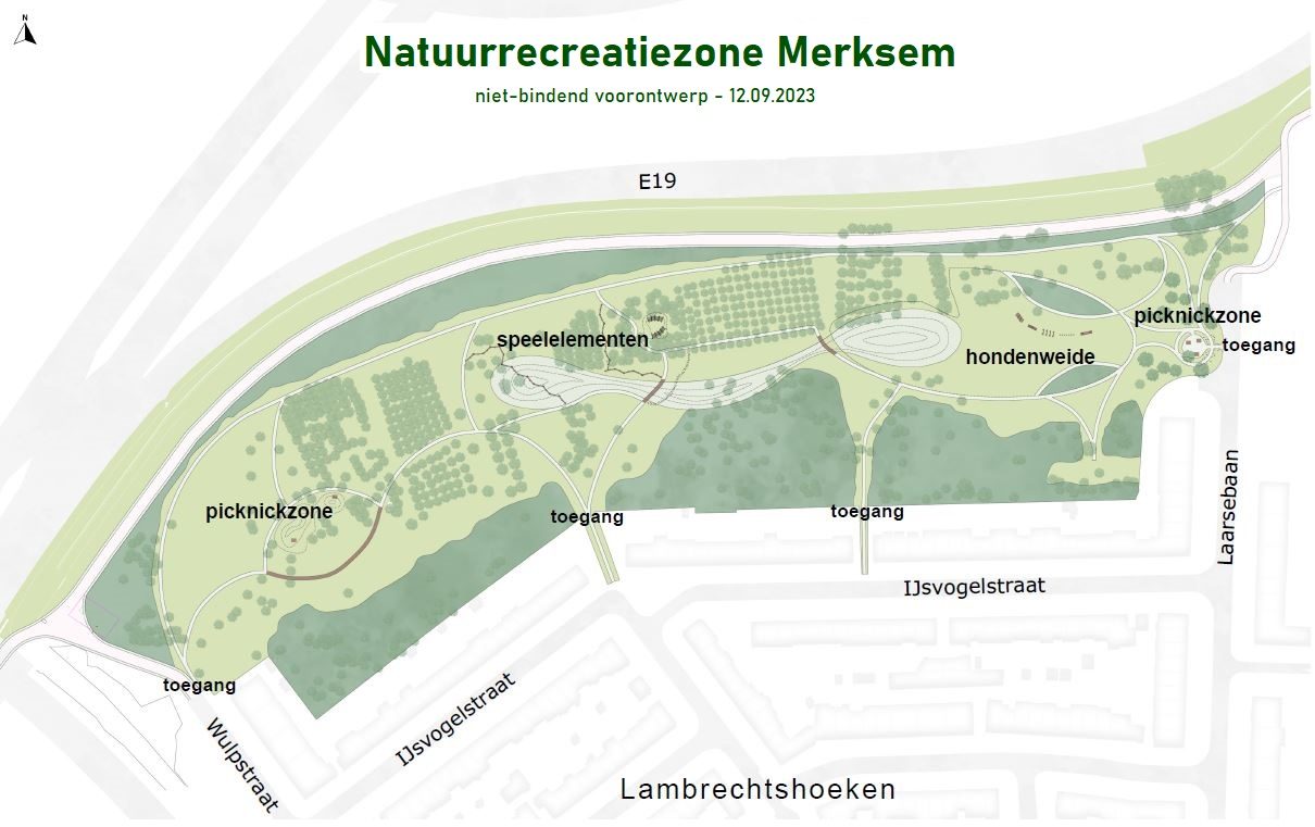 Ontwerptekening met locaties voor de vier toegangen, picknickzones (oost en west), speelelementen (centraal) en hondenweide (oost) in de toekomstige natuurrecreatiezones. Aan noordzijde van de zone ligt de E19, aan de zuidzijde de woonstraten van de wijk Lambrechtshoeken.