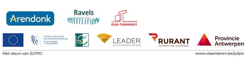 Logo's van de partners: gemeenten Arendonk, Ravels en Oud-Turnhout, Europees Landbouwfonds voor Plattelandsontwikkeling, Leader, Rurant en provincie Antwerpen. Met steun van ELFPO.