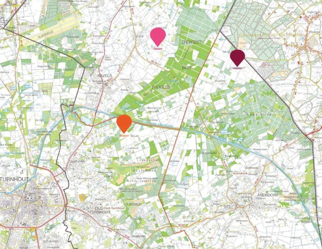 Een kaart met delen van de gemeenten Arendonk, Ravels en Oud-Turnhout, met daarop aangeduid de drie locaties voor 'Eyecatchers', werken in het landschap. 