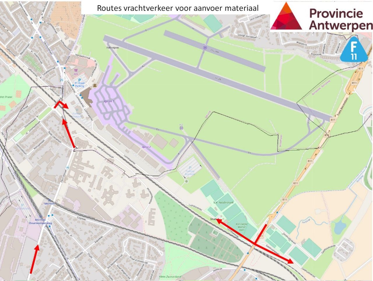 Routes vrachtverkeer voor aan- en afvoer materiaal