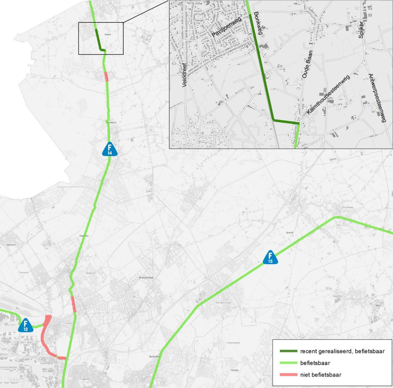 Kaartje fietsostrade F14 fietsbeschikbaarheid