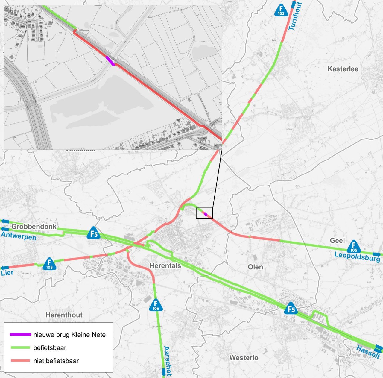 Overzichtskaartje fietsbrug Kleine Nete Herentals