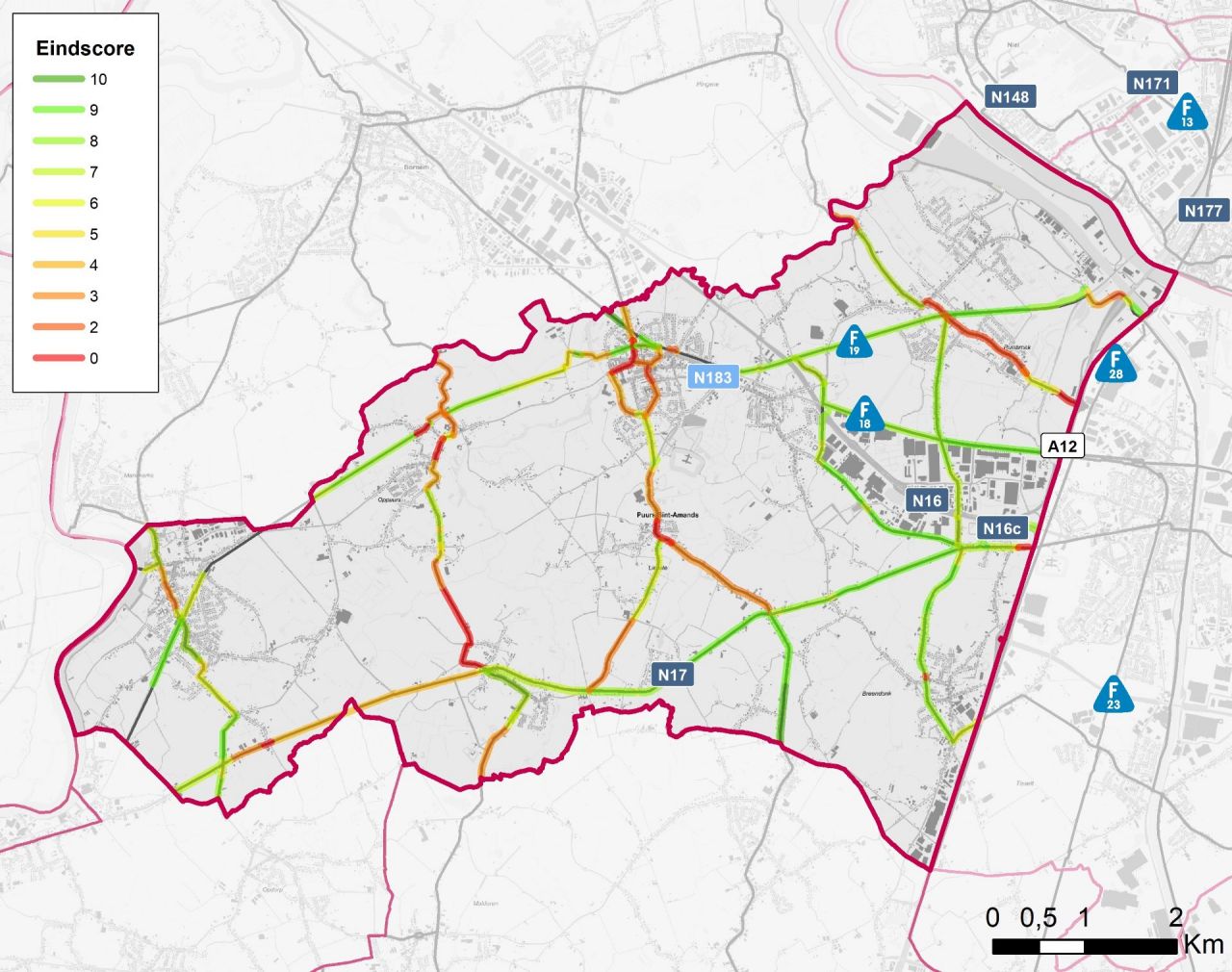 Overzichtskaartje BFF routes Puurs Sint-Amands