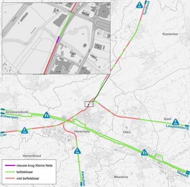 Kaartje locatie fietsbrug over Kleine Nete ter hoogte van Aveve