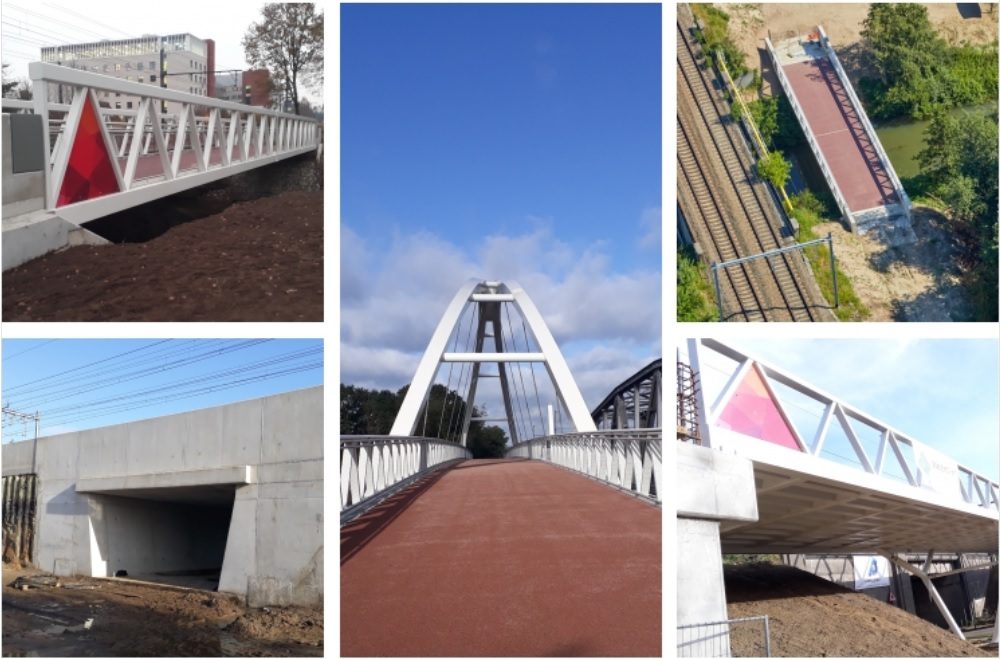 Collage van fietsbruggen en -tunnel op de fietsostrade F105 Herentals-Balen op grondgebied Herentals