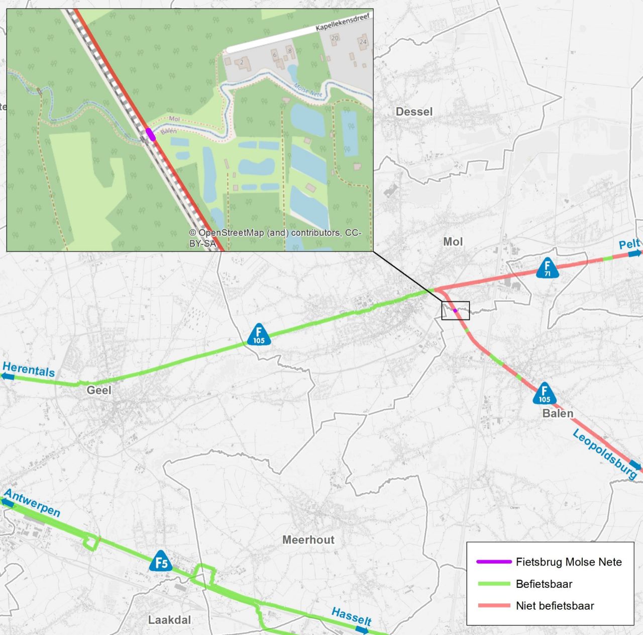 Overzichtskaartje locatie fietsbrug over Molse Nete
