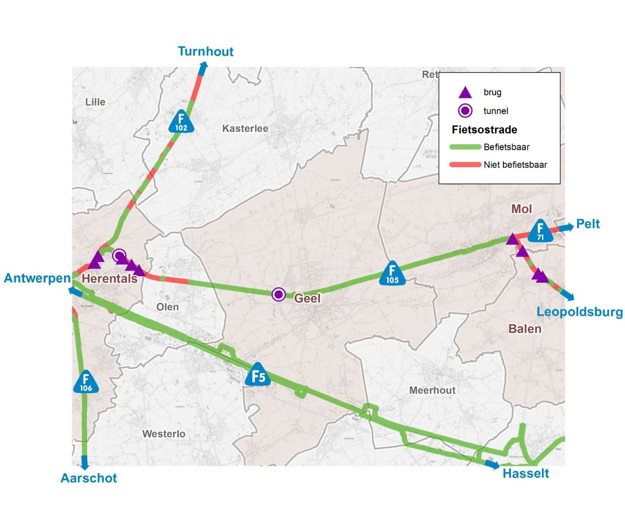 Overzichtskaartje fietsbruggen en fietstunnels op fietsostrade F105 Herentals-Balen