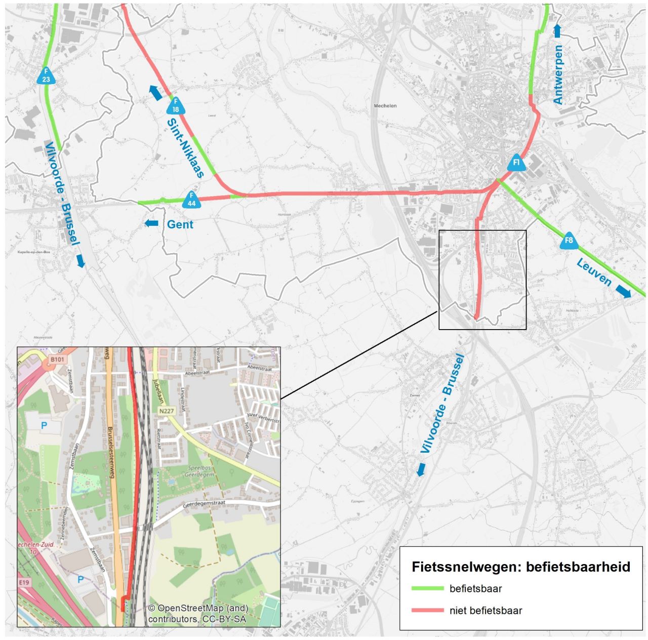 Kaartje locatie werken Abeelstraat Mechelen met grens Zemst