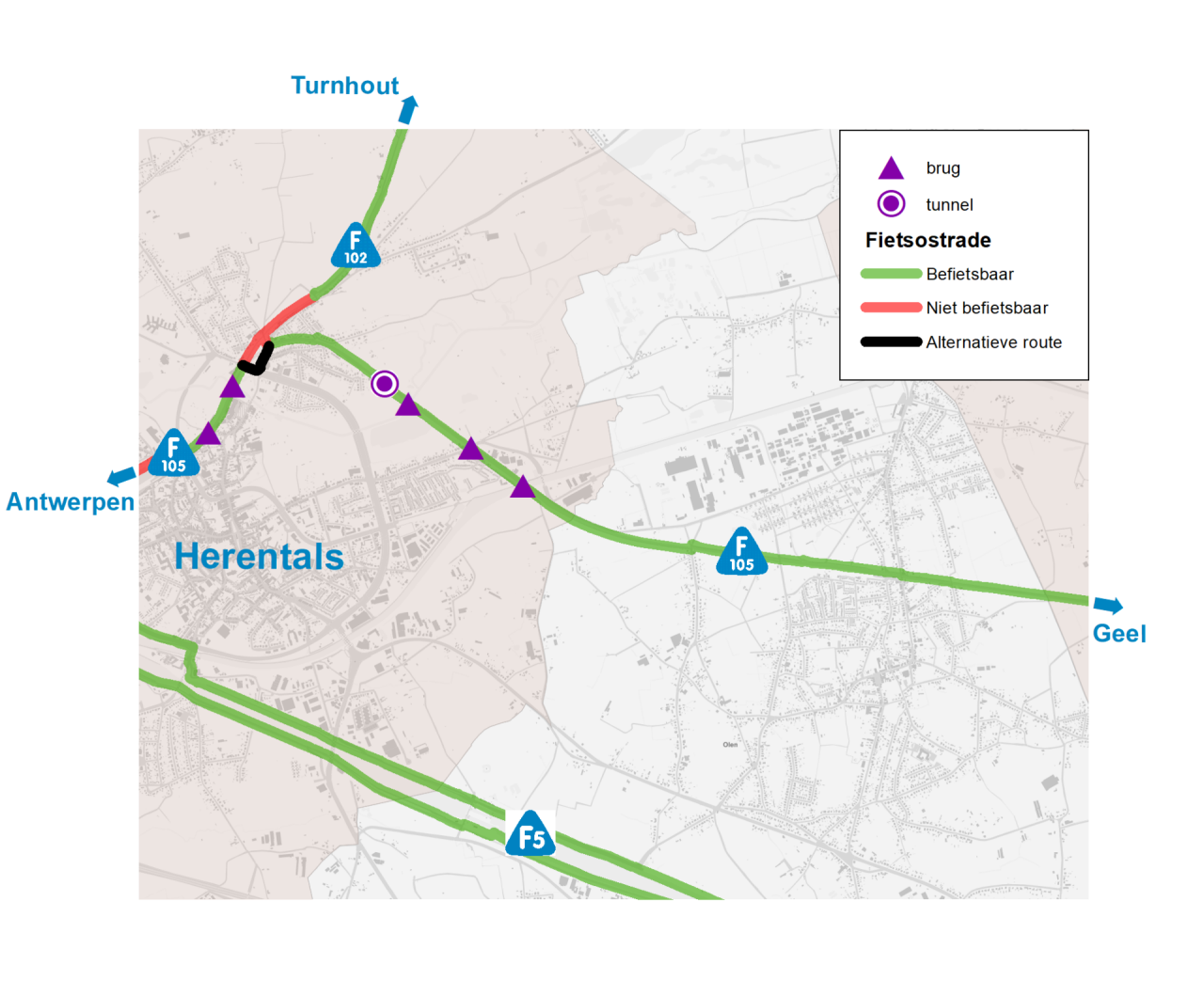 Overzichtskaartje fietstunnel en -bruggen Herentals