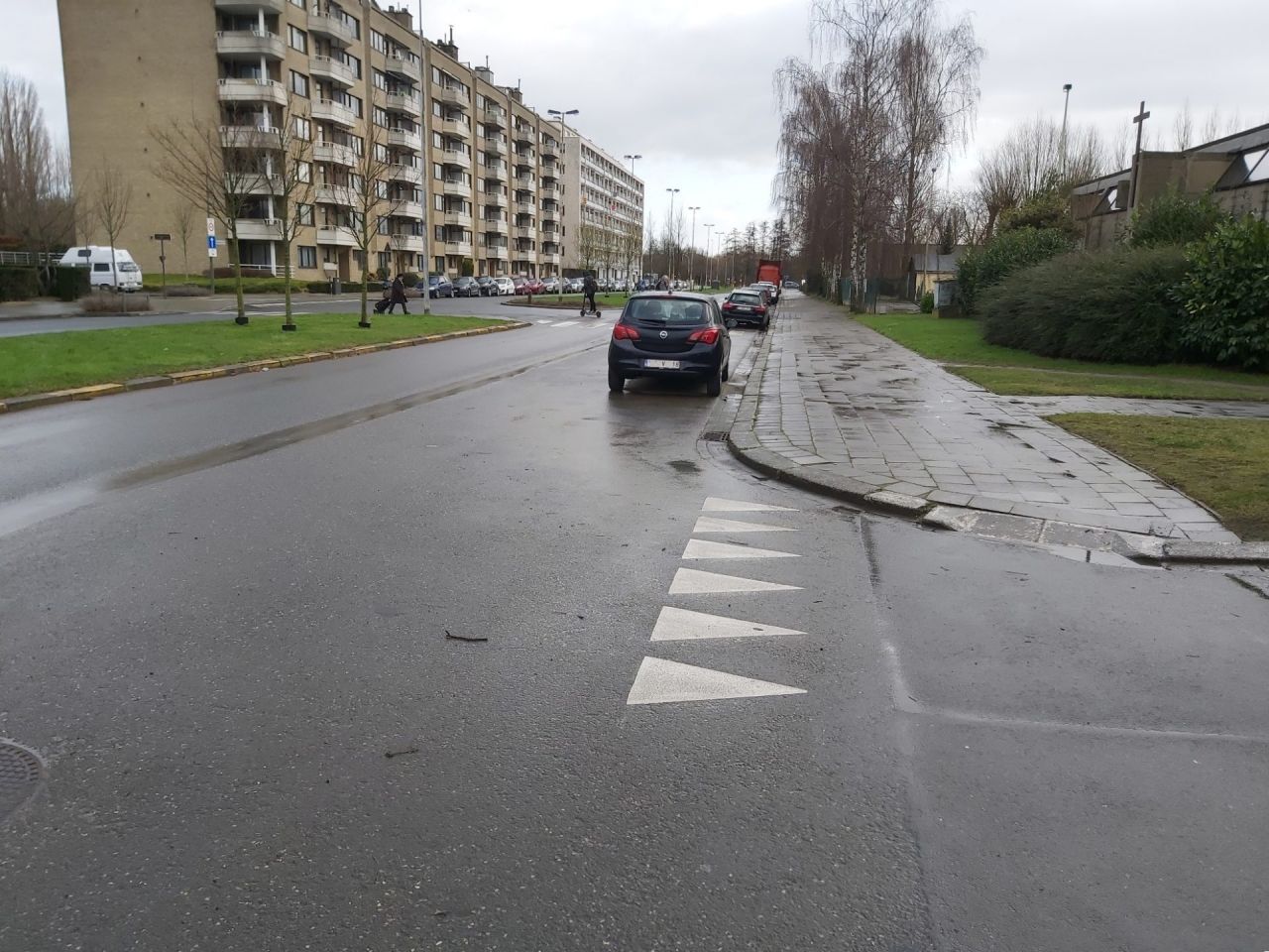 Straat met groene middenberm en aan de overzijde een groot appartementsgebouw. Langs de kant van de rijweg staan enkele wagens geparkeerd.