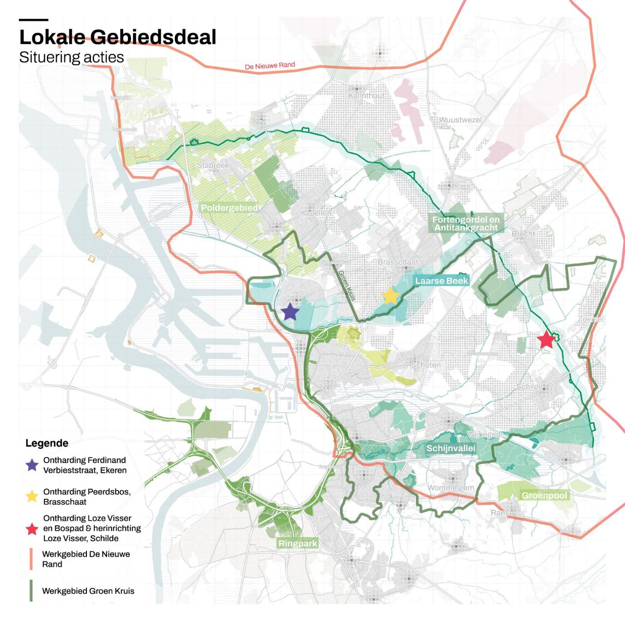Kaart met werkgebied De Nieuwe Rand en werkgebied Groen Kruis, met daarop de locaties van de drie afzonderlijke projecten in Ekeren, Brasschaat en Schilde.