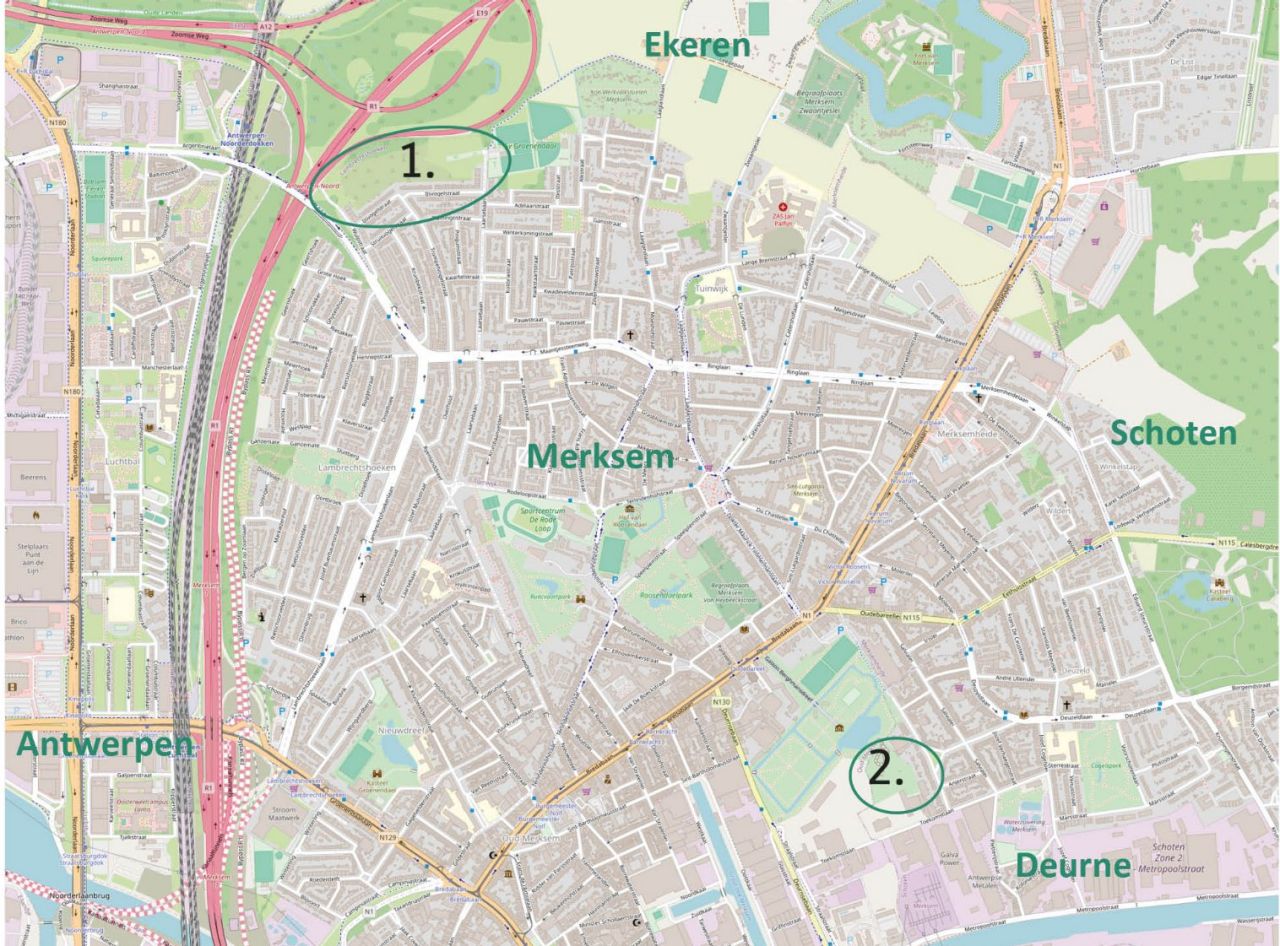 Kaart van district Merksem en omgeving. Twee locaties zijn omkringd.