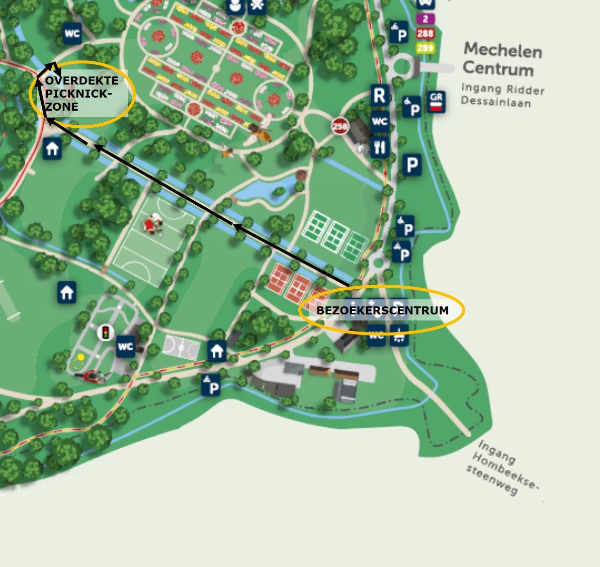 Plan met route naar de overdekte picknickzone