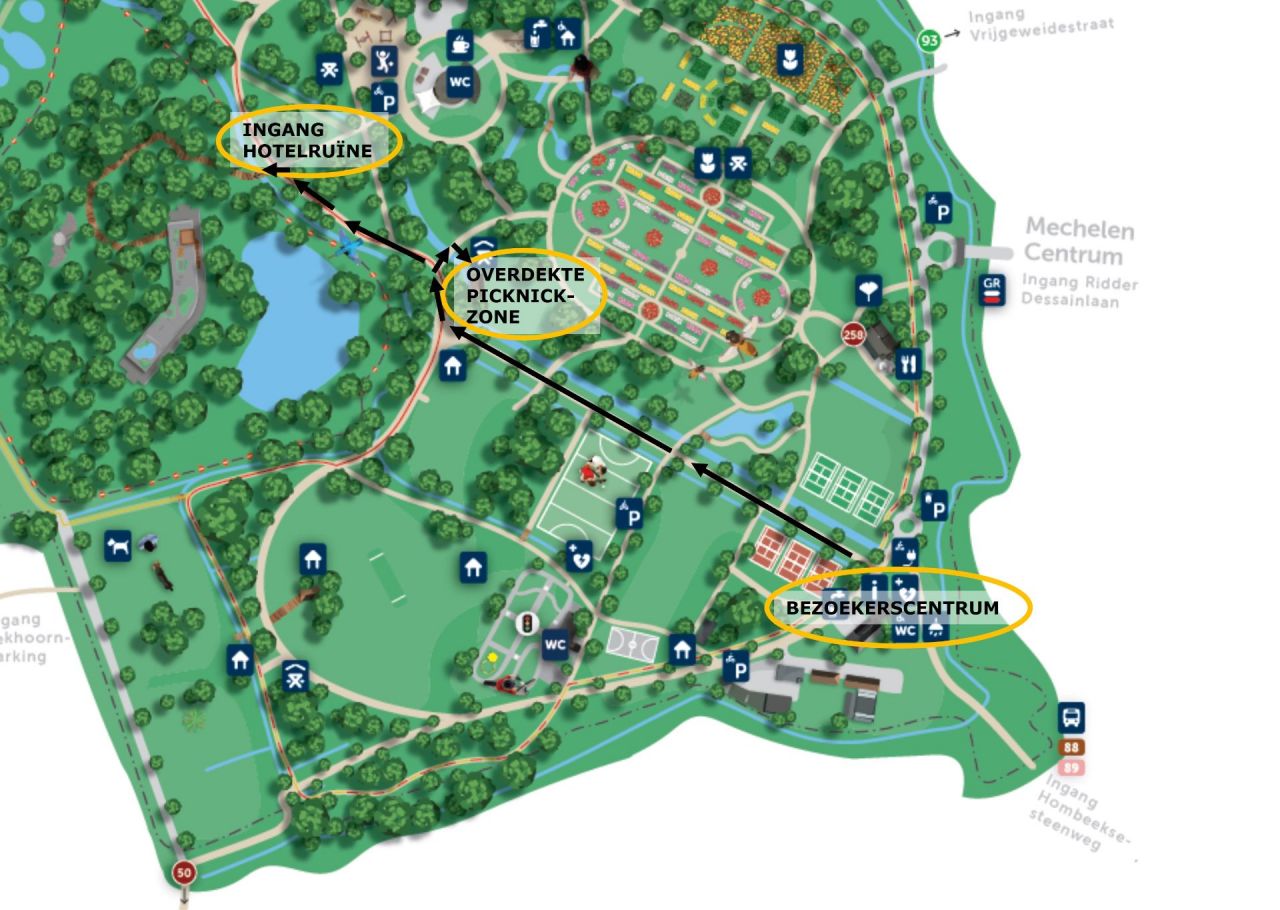 route naar picknickzone en hotelruïne