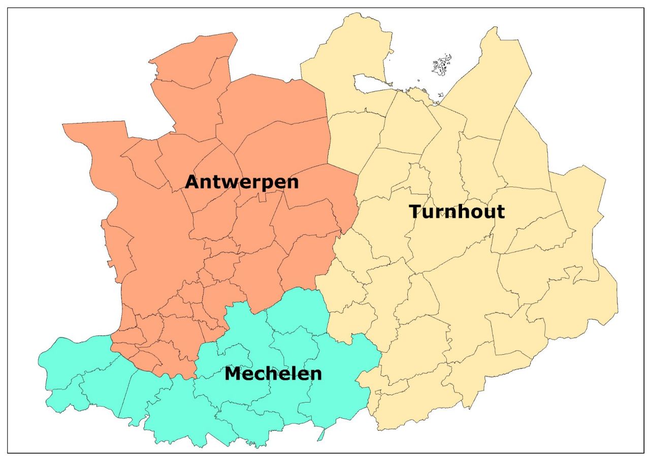 Een kaart met de 3 arrondissmenten van de provincie Antwerpen.