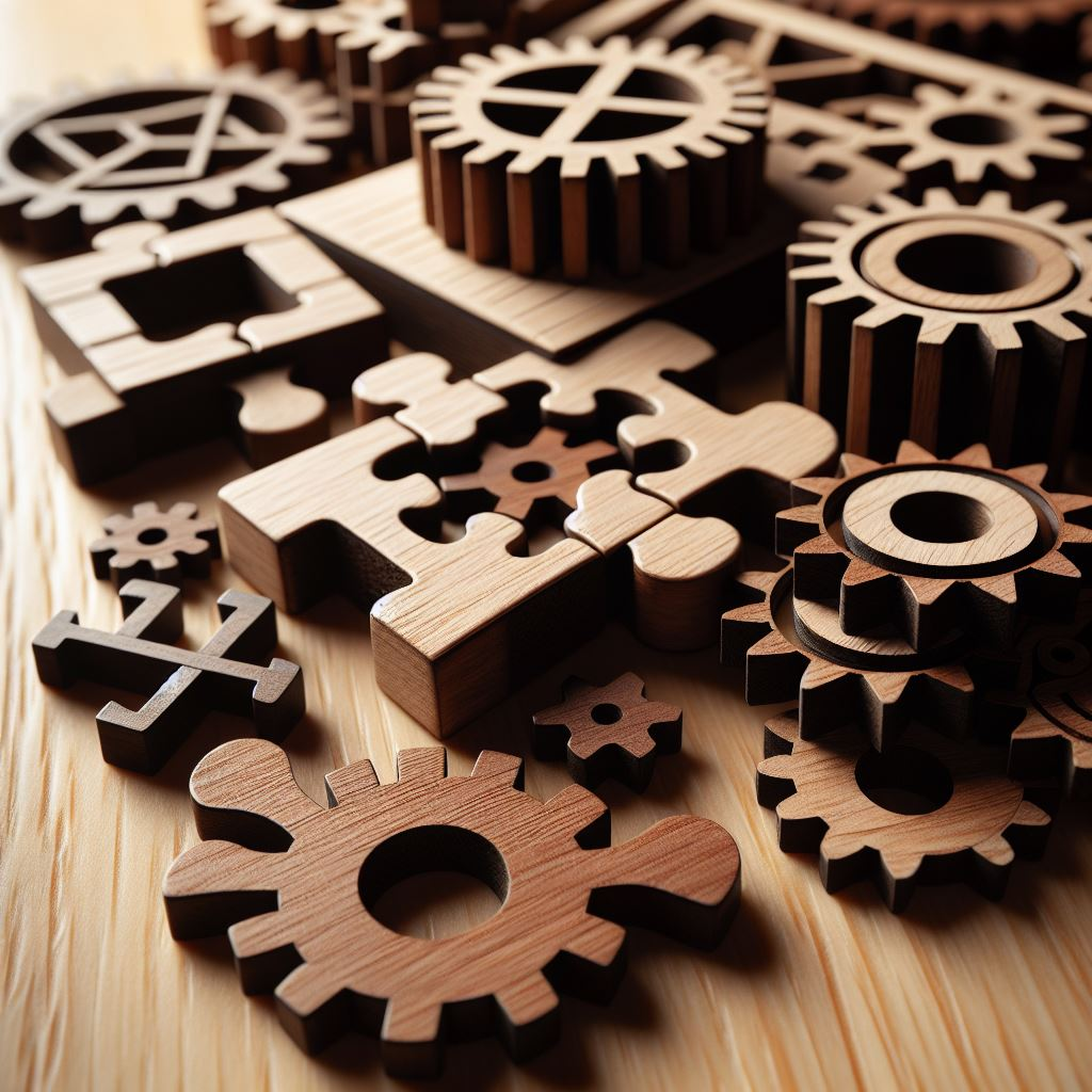Houten puzzelstukken en tandwielen