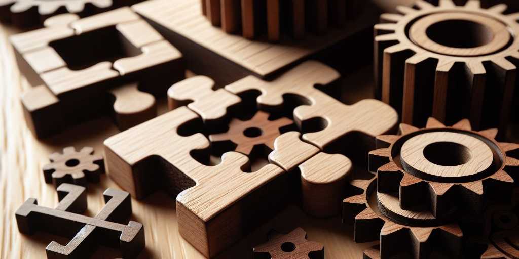 Houten puzzelstukken en tandwielen