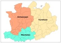 De kaart van de arrondissementen en gemeenten van de provincie Antwerpen.