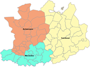 De kaart van de arrondissementen en gemeenten van de provincie Antwerpen.