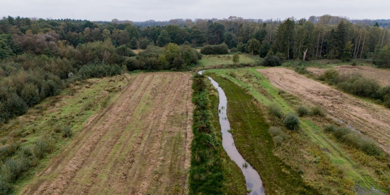 Luchtfoto van de Scherpenbergloop die uit het bos komt
