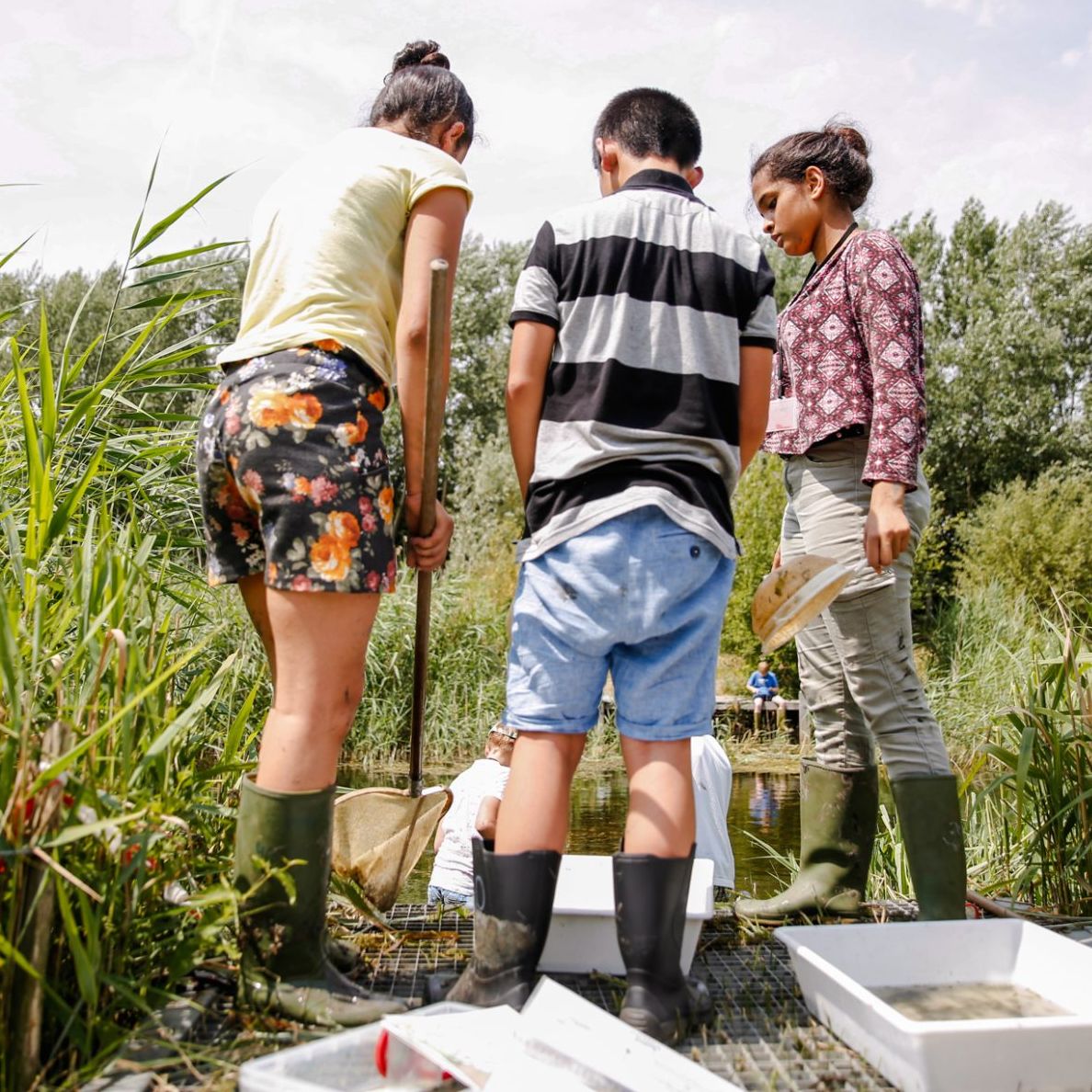 Drie kinderen aan de vijver 