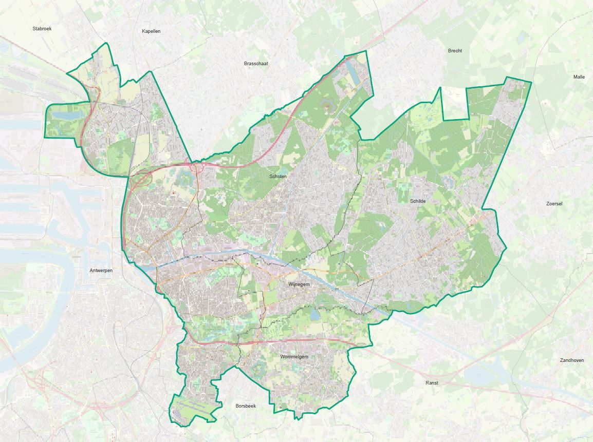 Een landkaart toont het projectgebied van Groen Kruis, dat bestaat uit de gemeenten Schilde, Schoten, Wijnegem en Wommelgem, en de districten Deurne, Ekeren en Merksem.