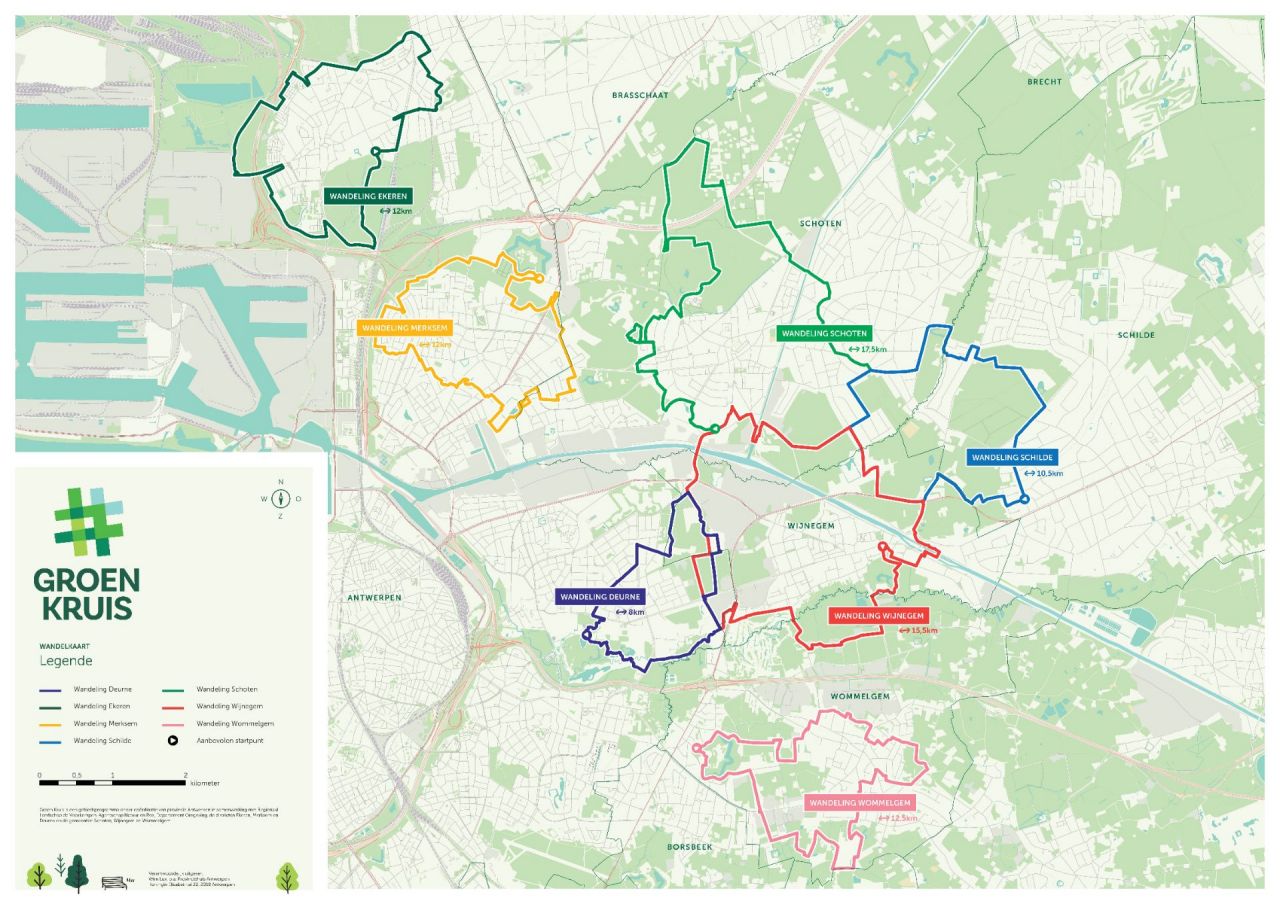 De zeven Groen Kruis-wandelroutes ten noordoosten van Antwerpen