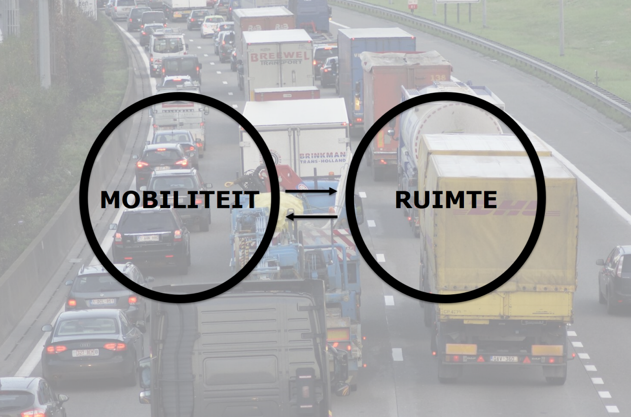 File op snelweg als achtergrondbeeld bij de tekst 'mobiliteit <> ruimte' 