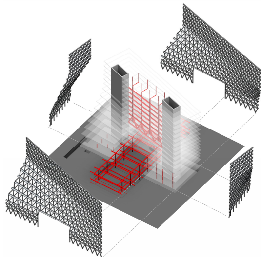 Axonometrische tekening van de dragende elementen