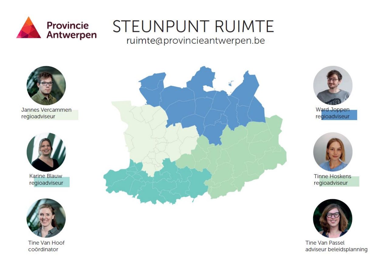 Elke gemeente heeft een eigen aanspreekpunt bij Steunpunt Ruimte.  Op deze kaart vind je contactpersoon voor jouw regio. Voor vragen over het Provinciaal Ruimtelijk Beleidsplan Antwerpen kun je terecht bij Tine Van Passel, voor gemeente-overstijgende en algemene vragen over de werking van het Steunpunt kun je terecht bij coördinator Tine Van Hoof. 